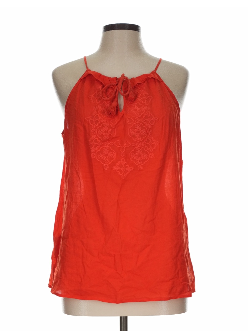 LOFT Red Embroidered Sleeveless Tie-Neck Top size L